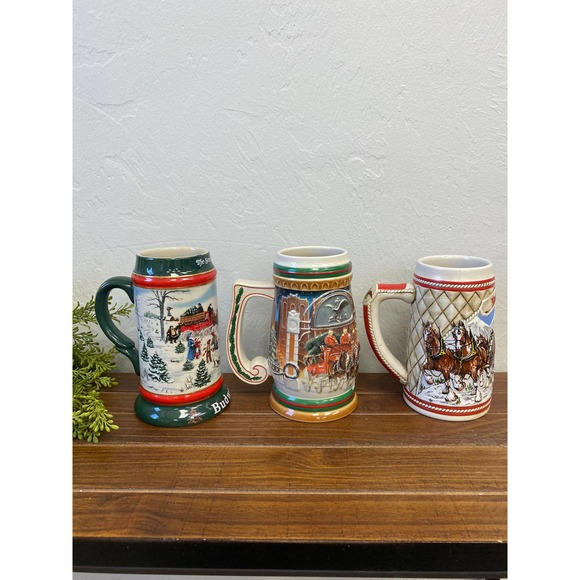 Set of 3 Collectible Budweiser Holiday Beer Steins - 1985, 1991 & 1997 Versions - Picture 1 of 8